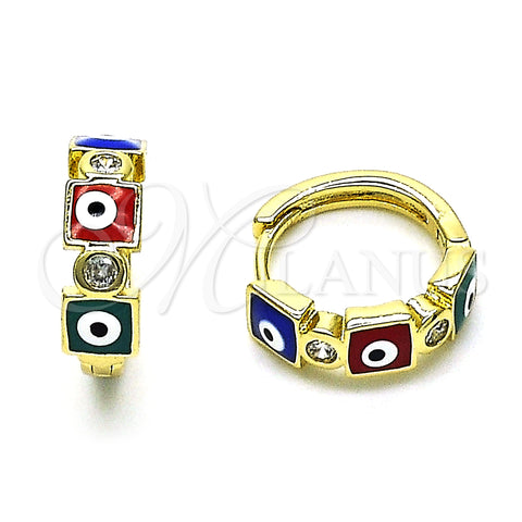 Oro Laminado Huggie Hoop, Gold Filled Style Evil Eye Design, with White Cubic Zirconia, Multicolor Enamel Finish, Golden Finish, 02.213.0192.3.15