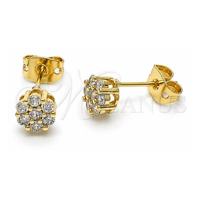 Oro Laminado Stud Earring, Gold Filled Style Flower Design, with White Cubic Zirconia, Polished, Golden Finish, 02.213.0358.2
