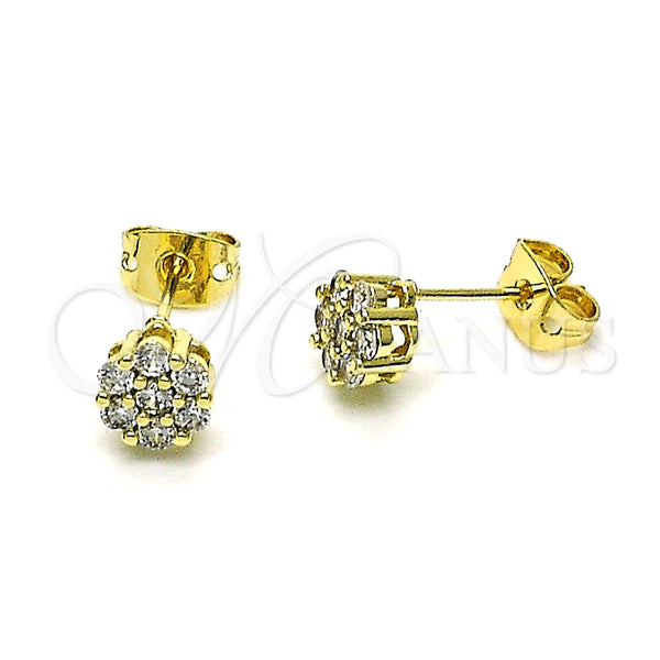 Oro Laminado Stud Earring, Gold Filled Style Flower Design, with White Cubic Zirconia, Polished, Golden Finish, 02.213.0358.2