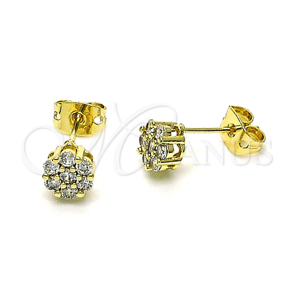 Oro Laminado Stud Earring, Gold Filled Style Flower Design, with White Cubic Zirconia, Polished, Golden Finish, 02.213.0358.2