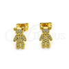 Oro Laminado Stud Earring, Gold Filled Style Teddy Bear Design, with White Micro Pave, Polished, Golden Finish, 02.342.0254