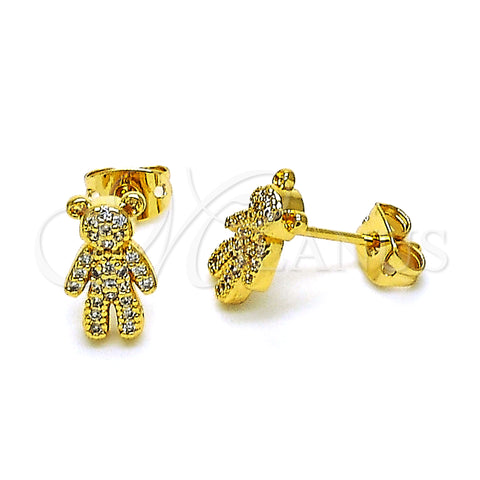 Oro Laminado Stud Earring, Gold Filled Style Teddy Bear Design, with White Micro Pave, Polished, Golden Finish, 02.342.0254