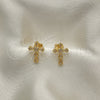 Oro Laminado Stud Earring, Gold Filled Style Cross Design, with White Micro Pave, Polished, Golden Finish, 02.342.0256