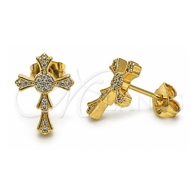 Oro Laminado Stud Earring, Gold Filled Style Cross Design, with White Micro Pave, Polished, Golden Finish, 02.342.0256