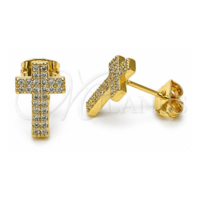 Oro Laminado Stud Earring, Gold Filled Style Cross Design, with White Micro Pave, Polished, Golden Finish, 02.342.0258