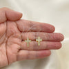 Oro Laminado Stud Earring, Gold Filled Style Cross Design, with White Micro Pave, Polished, Golden Finish, 02.342.0259