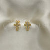 Oro Laminado Stud Earring, Gold Filled Style Cross Design, with White Micro Pave, Polished, Golden Finish, 02.342.0259