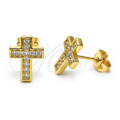 Oro Laminado Stud Earring, Gold Filled Style Cross Design, with White Micro Pave, Polished, Golden Finish, 02.342.0259