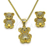 Oro Laminado Earring and Pendant Adult Set, Gold Filled Style Teddy Bear Design, with White and Black Micro Pave, Polished, Golden Finish, 10.342.0111