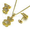 Oro Laminado Earring and Pendant Adult Set, Gold Filled Style Teddy Bear Design, with White and Black Micro Pave, Polished, Golden Finish, 10.342.0111