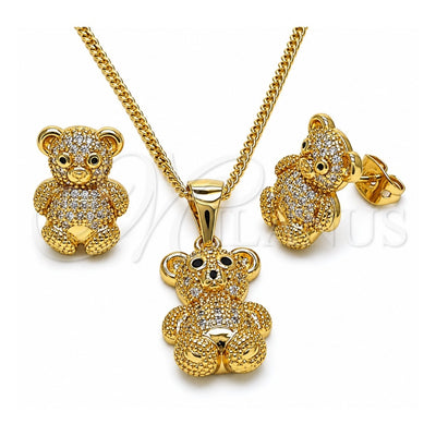 Oro Laminado Earring and Pendant Adult Set, Gold Filled Style Teddy Bear Design, with White and Black Micro Pave, Polished, Golden Finish, 10.342.0111