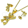 Oro Laminado Earring and Pendant Adult Set, Gold Filled Style Teddy Bear Design, with White and Black Micro Pave, Polished, Golden Finish, 10.342.0112