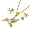 Oro Laminado Earring and Pendant Adult Set, Gold Filled Style Eagle Design, with White Cubic Zirconia and White Micro Pave, Diamond Cutting Finish, Golden Finish, 10.342.0116