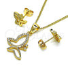 Oro Laminado Earring and Pendant Adult Set, Gold Filled Style Butterfly Design, with White Micro Pave, Polished, Golden Finish, 10.342.0117