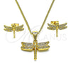 Oro Laminado Earring and Pendant Adult Set, Gold Filled Style Dragon-Fly Design, with White Micro Pave, Polished, Golden Finish, 10.342.0119