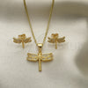 Oro Laminado Earring and Pendant Adult Set, Gold Filled Style Dragon-Fly Design, with White Micro Pave, Polished, Golden Finish, 10.342.0119