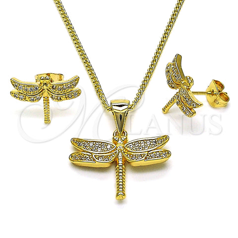 Oro Laminado Earring and Pendant Adult Set, Gold Filled Style Dragon-Fly Design, with White Micro Pave, Polished, Golden Finish, 10.342.0119
