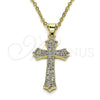 Oro Laminado Religious Pendant, Gold Filled Style Cross Design, with White Micro Pave, Polished, Golden Finish, 05.102.0050
