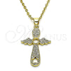 Oro Laminado Religious Pendant, Gold Filled Style Cross and Wings Design, with White Micro Pave, Polished, Golden Finish, 05.102.0053