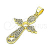 Oro Laminado Religious Pendant, Gold Filled Style Cross and Wings Design, with White Micro Pave, Polished, Golden Finish, 05.102.0053