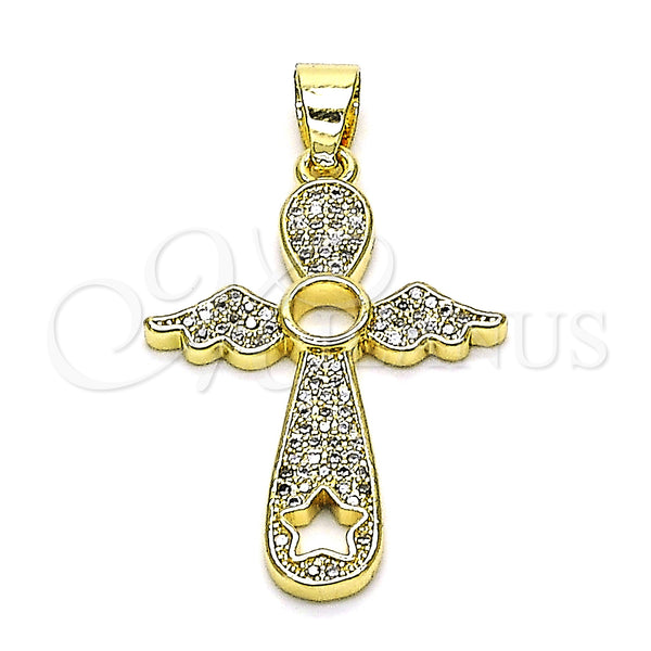 Oro Laminado Religious Pendant, Gold Filled Style Cross and Wings Design, with White Micro Pave, Polished, Golden Finish, 05.102.0053