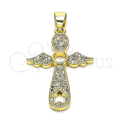 Oro Laminado Religious Pendant, Gold Filled Style Cross and Wings Design, with White Micro Pave, Polished, Golden Finish, 05.102.0053