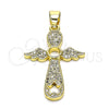 Oro Laminado Religious Pendant, Gold Filled Style Cross and Wings Design, with White Micro Pave, Polished, Golden Finish, 05.102.0053