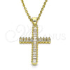 Oro Laminado Religious Pendant, Gold Filled Style Cross and Baguette Design, with White Cubic Zirconia, Polished, Golden Finish, 05.102.0054