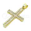 Oro Laminado Religious Pendant, Gold Filled Style Cross and Baguette Design, with White Cubic Zirconia, Polished, Golden Finish, 05.102.0054