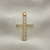 Oro Laminado Religious Pendant, Gold Filled Style Cross and Baguette Design, with White Cubic Zirconia, Polished, Golden Finish, 05.102.0054