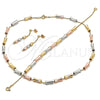 Oro Laminado Necklace, Bracelet and Earring, Gold Filled Style Box and Bamboo Design, Polished, Tricolor, 06.92.0009