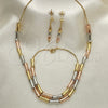 Oro Laminado Necklace, Bracelet and Earring, Gold Filled Style Box and Bamboo Design, Polished, Tricolor, 06.92.0009