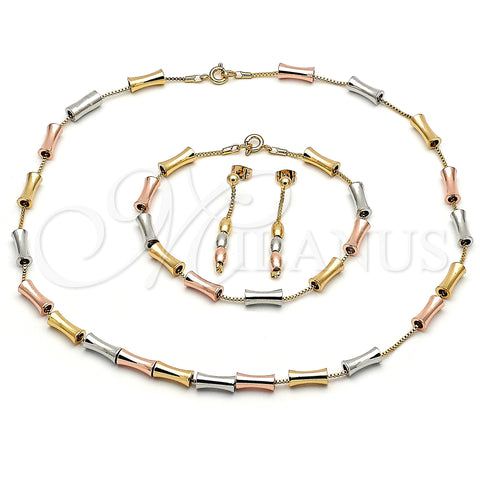 Oro Laminado Necklace, Bracelet and Earring, Gold Filled Style Box and Bamboo Design, Polished, Tricolor, 06.92.0009