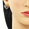 Oro Laminado Stud Earring, Gold Filled Style Heart Design, with White Micro Pave, Polished, Golden Finish, 02.156.0663