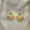 Oro Laminado Stud Earring, Gold Filled Style Heart Design, with White Micro Pave, Polished, Golden Finish, 02.156.0663