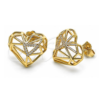 Oro Laminado Stud Earring, Gold Filled Style Heart Design, with White Micro Pave, Polished, Golden Finish, 02.156.0663