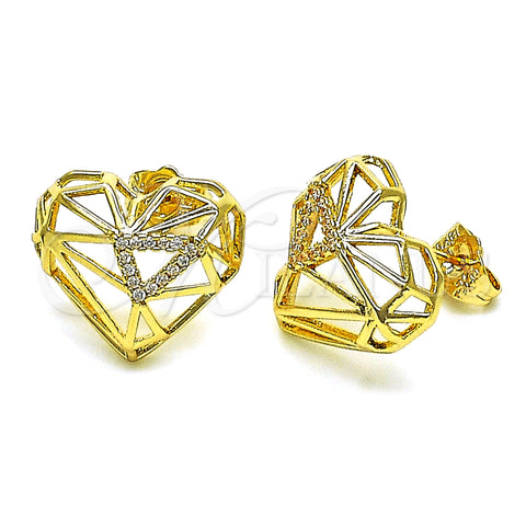 Oro Laminado Stud Earring, Gold Filled Style Heart Design, with White Micro Pave, Polished, Golden Finish, 02.156.0663