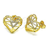 Oro Laminado Stud Earring, Gold Filled Style Heart Design, with White Micro Pave, Polished, Golden Finish, 02.156.0663