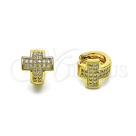 Oro Laminado Huggie Hoop, Gold Filled Style Cross Design, with White Micro Pave, Polished, Golden Finish, 02.195.0168.10
