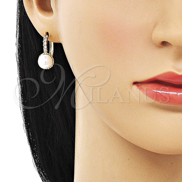 Gold Filled Hoop Earrings — Huggie Hoop with Ivory Pearl and White Cubic — alternate product view — SKU 152388 | Oro Laminado aretes de aro — Huggie Hoop with Ivory Pearl and blanco Cubic — SKU 152388