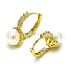 Oro Laminado Huggie Hoop, Gold Filled Style with Ivory Pearl and White Cubic Zirconia, Polished, Golden Finish, 02.213.0456.15