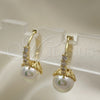 Oro Laminado Huggie Hoop, Gold Filled Style with Ivory Pearl and White Cubic Zirconia, Polished, Golden Finish, 02.213.0456.15
