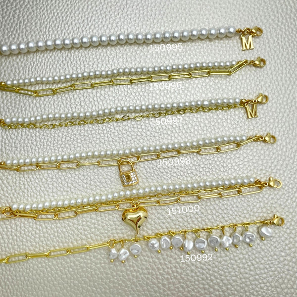Gold Filled Bracelet — 15 Pearl Paperclip Bracelets Trendy $6.67 each for — main product view — SKU 152401 | Oro Laminado brazalete — 15 Pearl Paperclip Bracelets Trendy $6.67 each for — SKU 152401