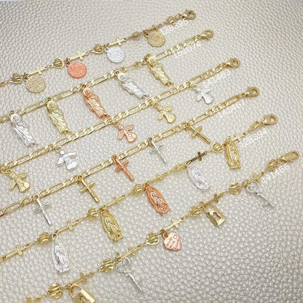 Gold Filled Bracelet — 20 Tricolor Religious Charm Bracelets $5.00 each for — main product view — SKU 152405 | Oro Laminado brazalete — 20 Tricolor Religious Charm Bracelets $5.00 each for — SKU 152405
