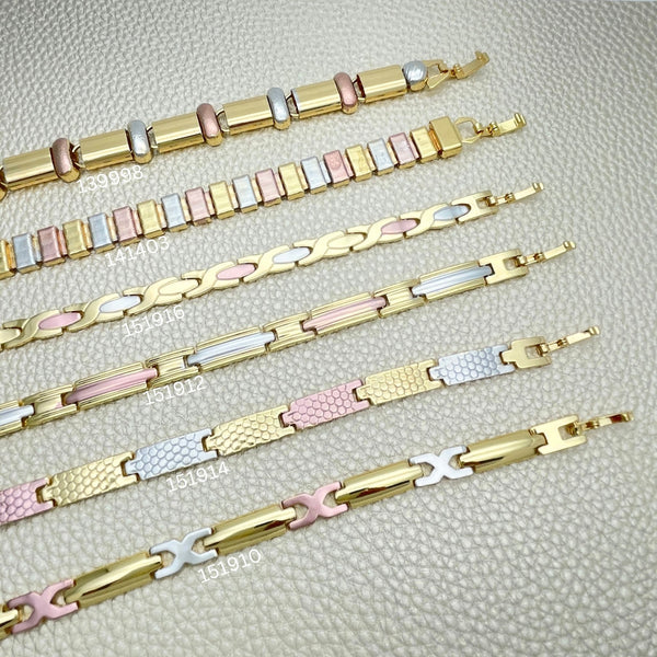 Gold Filled Bracelet — 12 Tricolor Solid Bracelets $8.33 each for $ — main product view — SKU 152406 | Oro Laminado brazalete — 12 Tricolor Solid Bracelets $8.33 each for $ — SKU 152406