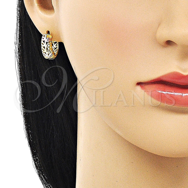 Gold Filled Hoop Earrings — Huggie Hoop Leaf Design Polished Tricolor 02. — alternate product view — SKU 152420 | Oro Laminado aretes de aro — Huggie Hoop Leaf diseño pulido Tricolor 02. — SKU 152420
