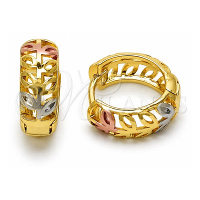 Oro Laminado Huggie Hoop, Gold Filled Style Leaf Design, Polished, Tricolor, 02.102.0072.15
