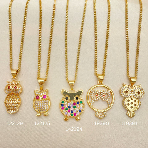 25 Zirconia Lucky Owl Necklaces Assorted in Oro Laminado for $100 ($4.00ea) ea in Gold Layered