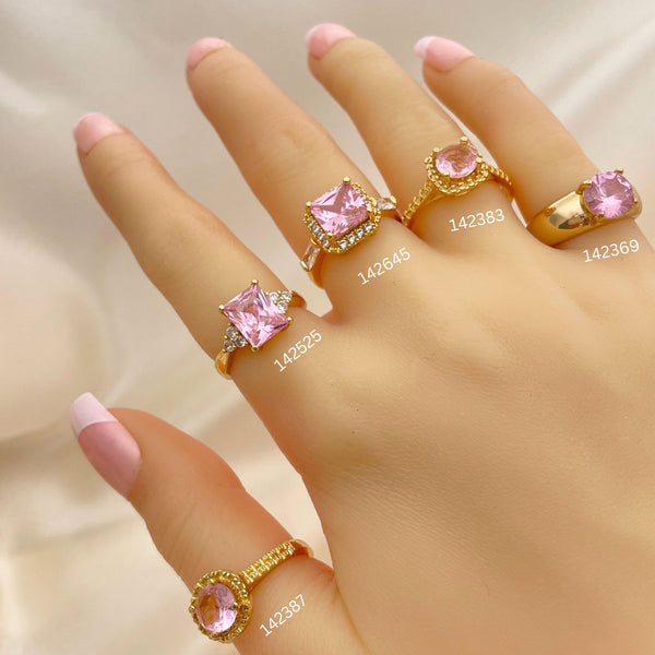 Gold Filled Ring — 20 Assorted Pink Rose Quartz Zirconia Rings in — main product view — SKU 152466 | Oro Laminado anillo — 20 Assorted Pink Rose Quartz Zirconia Rings in — SKU 152466