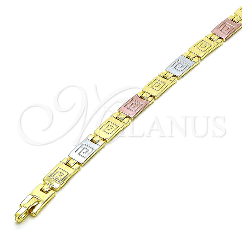 Oro Laminado Solid Bracelet, Gold Filled Style Greek Key Design, Polished, Tricolor, 03.102.0063.08 (07 MM Thickness, 8 Inches Length)